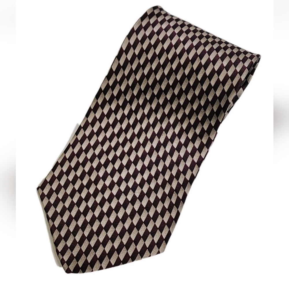 vintage BRUNO ROSSI Silk Neck Tie Geometric‎ Handmade Burgundy Tan